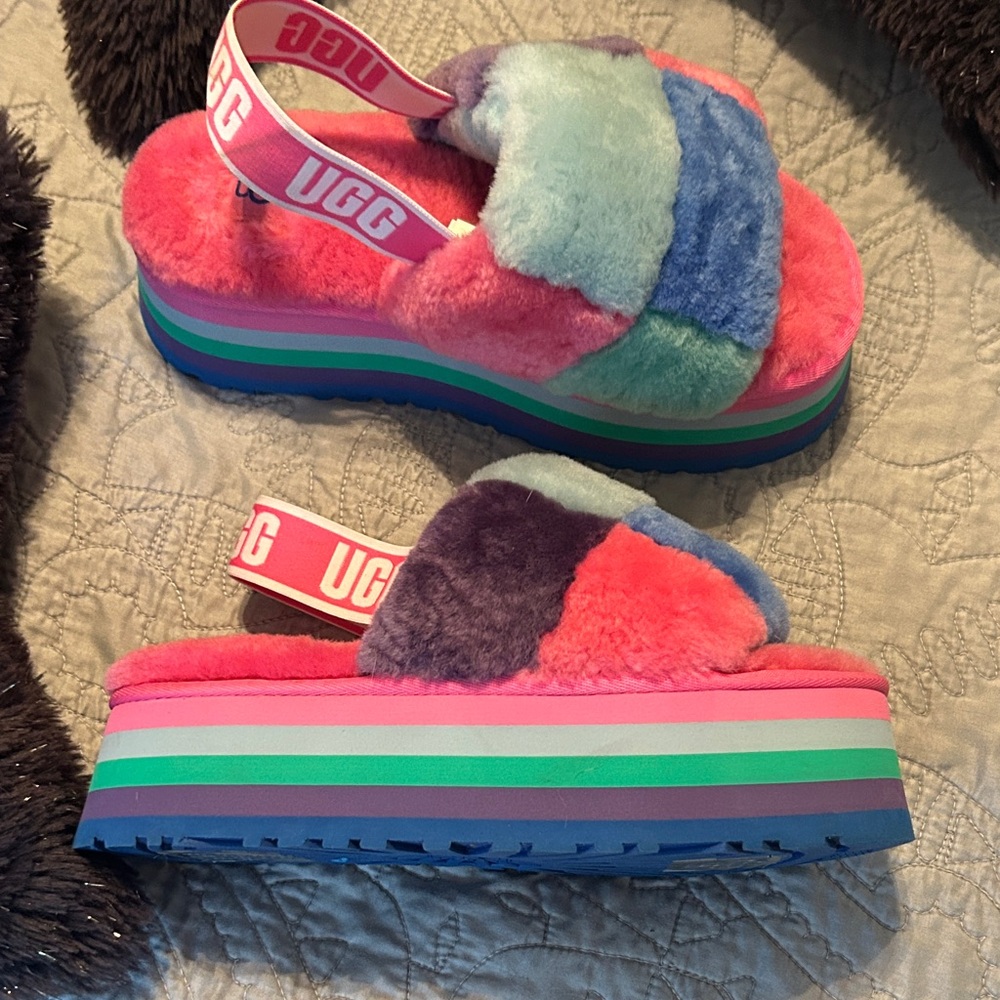 UGG Multicolor Fluffy Platform Sandals